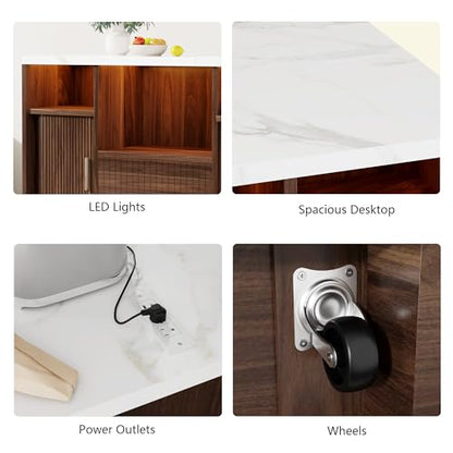 Island Table for Kitchen,Kitchen Island with Storage Marble Island | Cart with Power Outlet & RGB LED Light, Rolling Buffet Cabinet with Microwave Shelf, 2 Drawers, Marble Countertop, Walnut - color: Walnut