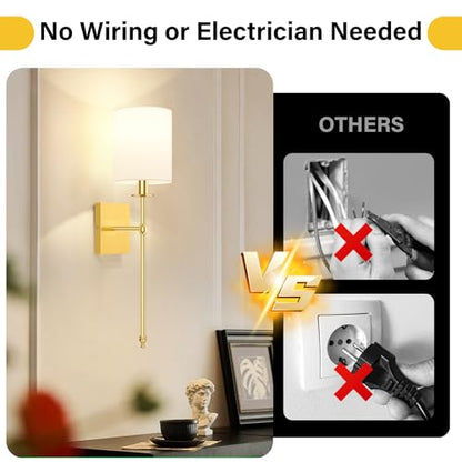 27 Inch Wall Sconces Battery Operated Set of 2, Rechargeable Wireless Wall Sconces Lights with Remote, Not Hardwired Dimmable Gold Wall Lamps with White Fabric Shade for Bedroom, 2 Bulbs Included - color: Gold and White, size: 27 inch