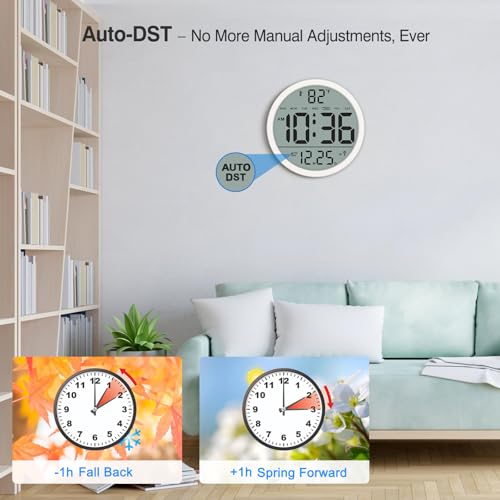 Digital Atomic Wall Clock Battery Operated, 8 Inch Large Display | Never Needs Setting Clock with Date and Temp, Auto DST, Self-Setting Time, Easy to Read for Bedroom, Living Room, Office - color: White