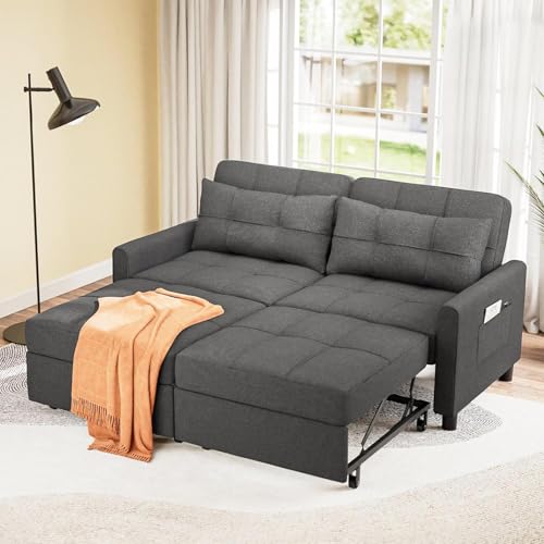Aiho 54" Sleeper Sofa Bed, Pull-Out Couch, Dark Gray | Pull-out Sofa Bed with Adjustable Backrest and Side Pocket, Ideal for Apartments, Guest Rooms and Living Rooms - size: 2 Seater