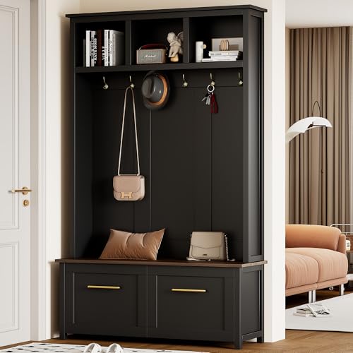 JIVOIT 4-in-1 Entryway Hall Tree with Brown Wood Grain Storage Bench, Wood Entryway Coat Hanger Hall Tree with 6 Golden Hooks, 2 Drawers, Coat Rack for Living Room, Hallway (Black/31) - color: Black/31