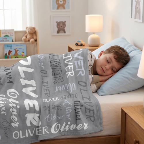 Personalized Blanket with Name, Custom Name Blanket Gifts for Kids Adults Boys Girls Teen, Soft Customized Fleece Flannel Throw for Bedroom Living Room, Birthday Christmas - color: Grey
