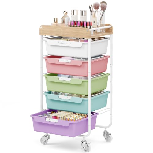 SYKIARIOL Utility Cart with 5 Labeling Drawers and Wooden Tabletop | Rolling Storage Cart for Crafters, Artists, Kids, Teachers, and Students – Organize Arts, Crafts, Sewing & Study Supplies - color: Ice Cream, size: 5-Drawer