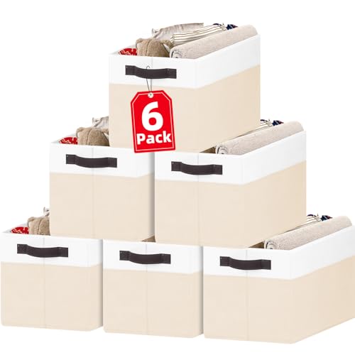 6 Pack Large Toy Box Chest, Collapsible Sturdy Toy Storage Organizer Bins Baskets for Kids, Boys, Girls, Nursery, Playroom, Shelf Baskets for Lego Puzzle Balls, Game Organizer (14L*10W*9.5H) - color: White with Beige, size: 6pcs - Rectangular 14"x10"x9.5"