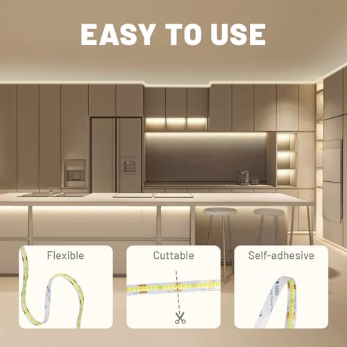White Cob LED Strip Lights with Remote, Warm Lighting, Rope Lights Indoor, Cuttable Led Light Strips for Mirrors, Shelves, Cabinets, Living Room, Bedroom, 16.4ft 3000K Dimmable - color: 3000K