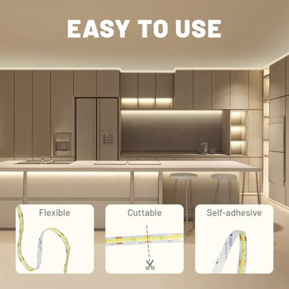 White Cob LED Strip Lights with Remote, Warm Lighting, Rope Lights Indoor, Cuttable Led Light Strips for Mirrors, Shelves, Cabinets, Living Room, Bedroom, 16.4ft 3000K Dimmable - color: 3000K