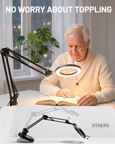 TANYO 10X Magnifying Glass with Light, 3 Color Mode, Hands Free | Real Glass Lens, Dimmable LED Light, C-Clamp, Flexible Desk Magnifier for Jewelry Sewing Crafts Embroidery Repair