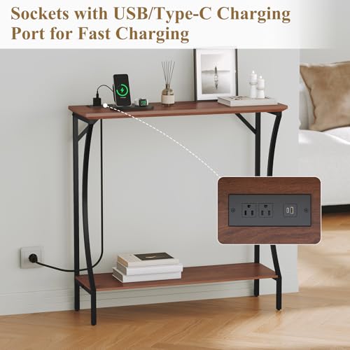 ARTPOWER Console Table with Built-in Power Outlets, Wood Narrow Behind Couch Sofa Table with Charging Station, Skinny Entryway Table with Open Shelf for Living Room, Hallway,Foyer,Set of 2, Brown - color: Brown, size: 2-packs