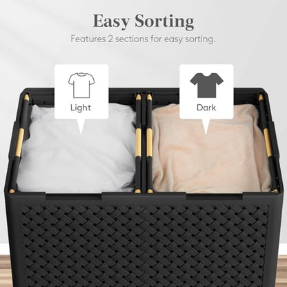 Lifewit 110L Plastic Double Laundry Basket with Lid, Collapsible 2 Section Clothes Hamper with Wheels and Removable Bags, Large Rolling 2 Compartment Bin for Laundry Room Bedroom Bathroom, Black