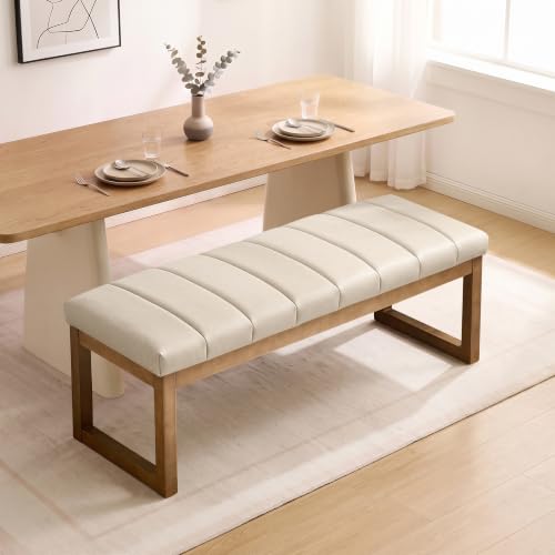 52.7" Bedroom Bench for End of Bed, Faux Leather Entryway Bench (Cream-PU) | Modern Upholstered Dining Bench & Footrest Stool Bench with Solid Wood Frame for Bedroom, Living Room - color: Cream-pu