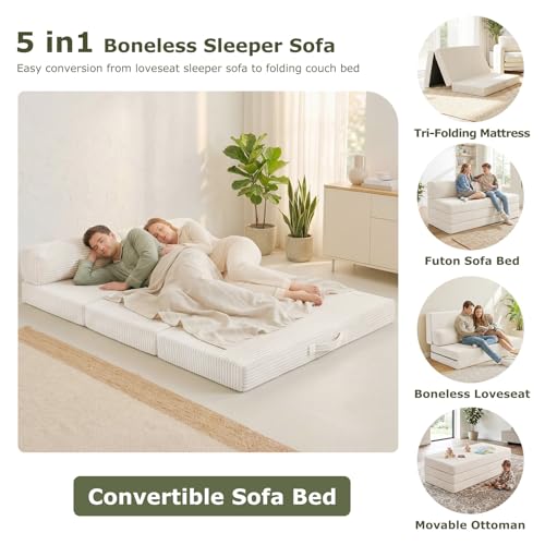 Convertible Sofa Bed, Boneless Couch Loveseat with Removable Cushions & Washable Cover, Futon Sofa Bed with Handle, Pull Out Couch for Small Spaces, Full Size, Beige - color: Beige, size: Full Size-80''L*54''W