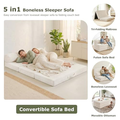 Convertible Sofa Bed, Boneless Couch Loveseat with Removable Cushions & Washable Cover, Futon Sofa Bed with Handle, Pull Out Couch for Small Spaces, Full Size, Beige - color: Beige, size: Full Size-80''L*54''W