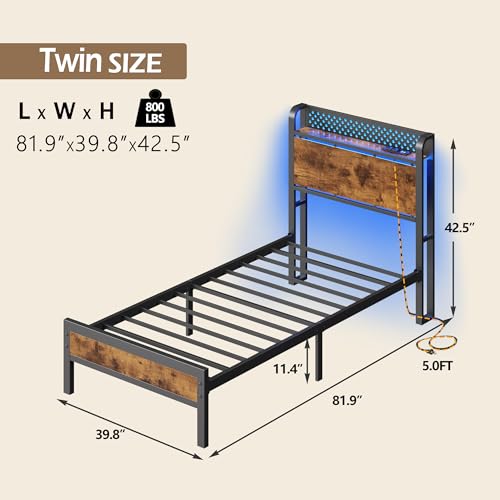 Twin Bed Frame with Headboard,Charging Station and LED Lights | Metal Platform Bed with Charging Station and LED Lights, Noise Free, Easy Assembly,No Box Spring Needed, Brown - size: Twin