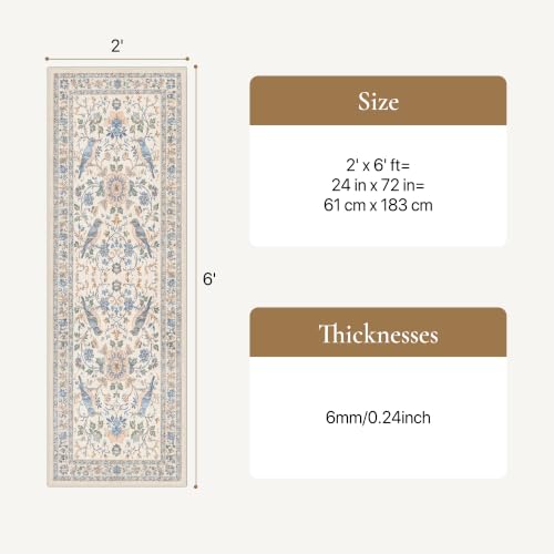 GENIMO 2X6 Blue Ivory Runner Rug for Hallway, Washable Non Slip | Blue Ivory Botanical Bird Runner for Kitchen and Entryway, Soft Low Pile Polyester Rug, Easy Care, Non-Shedding - color: Blue Ivory, size: 2' x 6' (Rectangular)