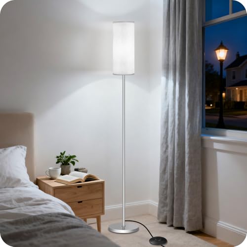 Dimmable Floor Lamps for Living Room with Remote and Foot Switch, 64.4” Modern Standing Tall Lamp, Corner Lamp for Office, Bulb Included, 3000K-6500K, Silver and Off-White SW06LD05W1 - color: Off-White and Silver
