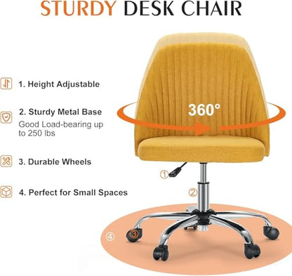 Simple Deluxe Armless Office Desk Chair, Modern Cute Swivel Vanity Chair Comfy Home Office Chairs with Wheels Height Adjustable Rolling Computer Task Stools for Living Room, Make-up, Bedroom, Yellow - color: Yellow