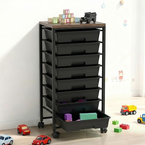 Rolling Cart with 8 Drawers, Storage Drawers Cart with Wooden Tabletop and Lockable Wheels, Craft Storage for Living Room, Office, Classroom, Craft Room, Bedroom (Black) - color: Black