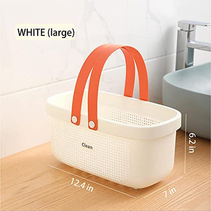 JiatuA Plastic Storage Basket with Handle Portable Shower Caddy Tote Organizer Basket Bin for Bathroom Kitchen Dorm Room Bedroom, White | Sturdy Drainage Large Capacity Organizer Basket with Silicone Handles for Bathroom Kitchen Bedroom College Dorm Essen
