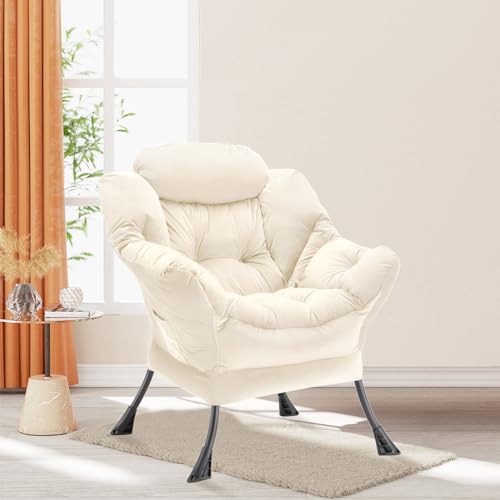 Youtanic Lazy Chair Thick Padded, Comfy Velvet Accent Lounge Chair with Stable Frame, Leisure Sofa Armchair with Armrests and Side Pocket, Reading Chair for Bedroom, Living Room, Office, Beige - color: Beige Without Stool