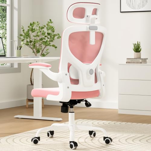 Office Desk Chair Computer High Back Mesh Gaming Seat with Ergonomic Adjustable Comfy Flip-up Armrests Lumbar Support Height for Home Office (Pink) - color: Pink