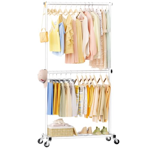 Double Rod Clothes Rack, 35" Wide Hanging Rack for Clothes, Portable Clothing Racks for Hanging Clothes, Rolling Garment Racks with Wheels for Bedroom Closet, White - color: White