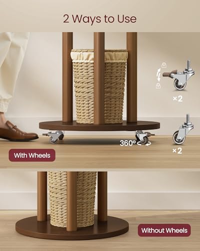 VASAGLE Freestanding Coat Rack Stand, Coat Tree with 11 Hooks, 3 Shelves, 4 Removable 360° Swivel Wheels, Wooden Hooks and Poles, for Entryway, Bedroom, Living Room, Walnut Brown URCR023K01 - color: Walnut Brown