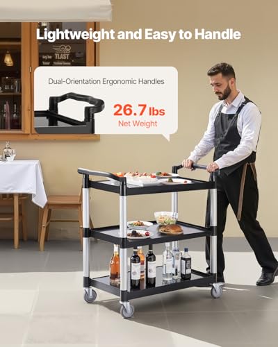 VEVOR Utility Cart, 330 lbs Load Capacity, 3-Tier Utility Plastic Cart with 360° Swivel Wheels (2 with Brakes), 31.1 x 19.3-inch Food Service Cart for Warehouse, Office, Home, Restaurant, Kitchen - style: 3 Tier-330LBS