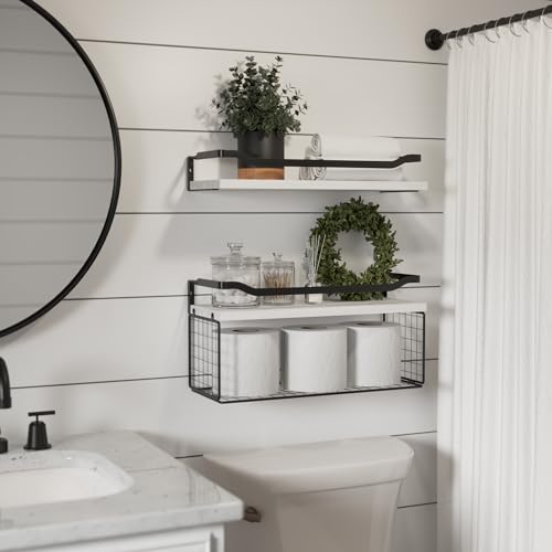Bathroom Shelves Over Toilet with Protective Metal Guardrail | Floating Shelves with Wire Storage Basket, Wood Wall Shelves for Bathroom Organizers and Storage, Toilet Paper, White - color: White