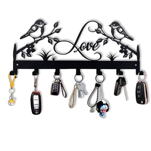 Metal Key Holder, Wall Mounted Key Hooks, Key Holder for Wall, Key Organizer Rack with 7 Hooks, Key Hanger Decor for Kitchen, Entryway, Hallway, Bedroom, Doorway (Birds 12IN) - color: Birds, size: 12 Inch