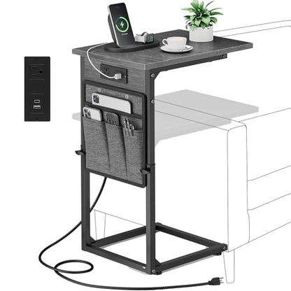 C Shaped End Table with Charging Station, C Table End Table Adjustable Height, Small Side Table for Couch, Sofa Table Slide Under Couch TV Tray Arm Table for Living Room, Bedroom, Gray Walnut - color: Gray Walnut, style: With Plug