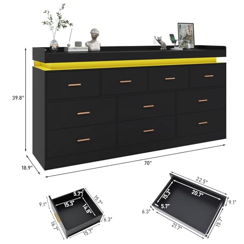 jiteentarou 10 Drawer Dresser with Charging Station and LED Lights, Modern Chest of Drawers with Power Outlet, Organizer Cabinet for, Living Room, Entryway, Black - color: Black, size: 18.9"D x 70.1"W x 39.8"H (10 Drawers)