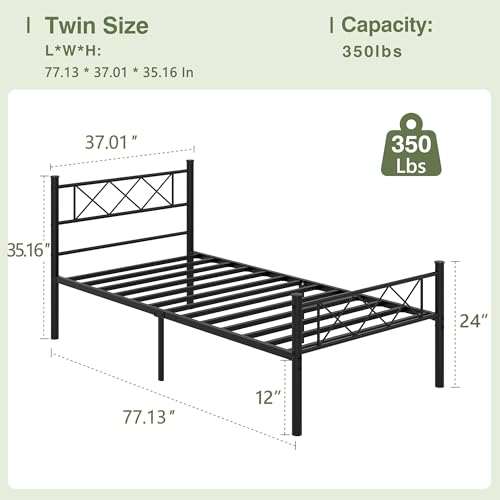 VECELO Twin Size Bed Frame with Headboard, Heavy Duty Bedframe with Strong Metal Slats, No Box Spring Needed & Easy Assembly, Matte Black - color: Matte Black, size: Twin