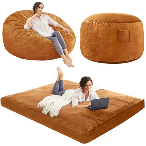 Bean Bag Chairs for Adults - Giant Bean Bag Convertible Floor Sofa | 3 IN 1 Lounger Couch Sofa, Memory Foam Filling, Removable Velvet Cover, Machine Washable, in Bedroom Living Room, Queen Brown - color: Golden Brown, size: Queen