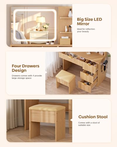 LIVELYGLOW 35.4" Wooden Makeup Vanity Set with Charging Station & Stool | Smart LED Mirror, Fluted Design, Cushioned Stool, Hairdryer Rack - color: Wooden