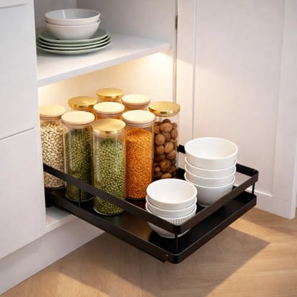 Pull Out Cabinet Organizer, 1-Tier Metal Slide Out Basket | Black metal mesh basket, smooth slide-out rail, no-drill adhesive setup, for frameless kitchen cabinets and pantry storage