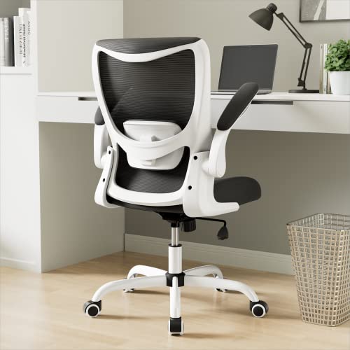 Office Chair, Ergonomic Desk Chair with Adjustable Lumbar Support and Flip up Armrest, Breathable Mesh Computer Chair for Home Office, White - color: White