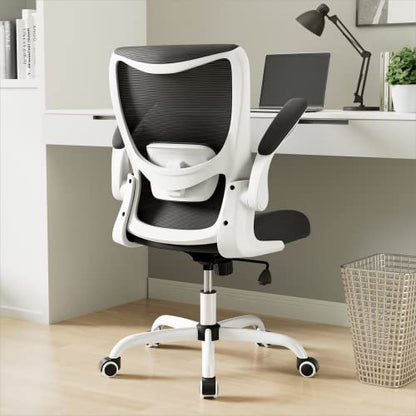 Office Chair, Ergonomic Desk Chair with Adjustable Lumbar Support and Flip up Armrest, Breathable Mesh Computer Chair for Home Office, White - color: White