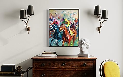 HomeArtPrint Horse Racing Art Print Poster, Wall Art Painting Decor. Paint Splash Style Artwork. (Horse Racing, 11x14 inches + (Black Frame)) - color: Horse Racing, size: 14"L x 11"W