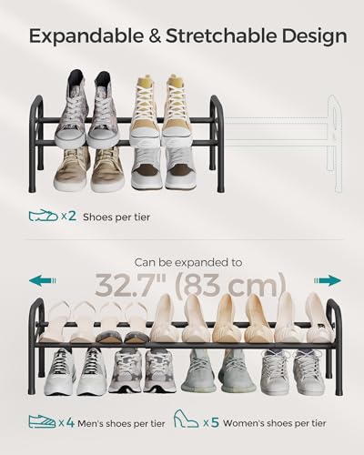 SONGMICS Expandable Shoe Rack, 1 Tier Shoe Rack Shelf, Adjustable Shoe Organizer Storage for 10 Pairs of Shoes, Metal Free Standing Shoe Racks for Closet, Front Door Entryway, Easy Assembly, Ink Black - size: 1 Tier (9.8"H)