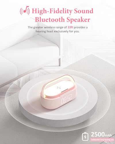 Bluetooth Speaker Alarm Clock & Wireless Charger for Bedside, Home, Office | FM Radio, Adjustable LED Night Light, 6 in 1 Bedroom Portable Speaker 2500mAh, Phone Stand - color: Pink
