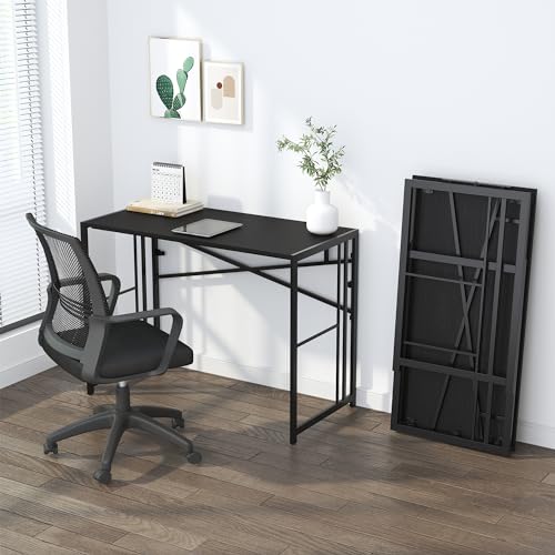 Lutown-Teen Narrow Folding Computer Desk 35 inch, Black | Writing Gaming Computer Desk for Small Spaces, No Assembly Required Small Office Table - color: Black, size: 35 Inch