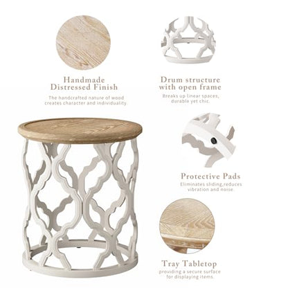 karlott Farmhouse End Table, French Country Tray Round Side Table, Beige | Curved Motif Frame Base With Distressed Tray Top, Boho Accent Table Ideal, End Tables for Living Room, Small Space, Bedroom - size: Tray End Table 18.5 Inches
