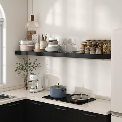 72 Inch Floating Shelf, 12'' Deep Black Shelves for Wall Set of 1 | Invisible Brackets, Engineered Wood, Mounting Hardware Included, 60LBS, Bathroom, Laundry Room, Kitchen, Living Room - color: Black, size: 72W x 11.6D x 2H, 1 Pack