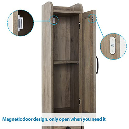 Bathroom Cabinet with Adjustable Shelf, Storage Cabinet for Small Space, Tall Bathroom Storage Cabinet with Retractable Toilet Paper Rod, Narrow Cabinet with 2 Doors, 8 Compartment, Brown Gray