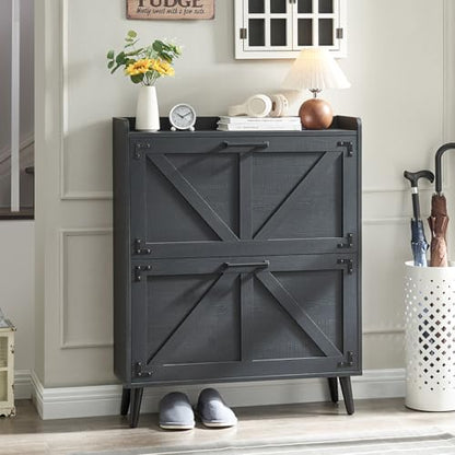 Barnyatoh Shoe Storage Cabinet with 2 Flip Drawers,Hidden Shoe Organizer | Farmhouse Freestanding Narrow Slim Shoes Rack Cabinet with Adjustable Shelves for Entryway Hallway,Black - color: Black