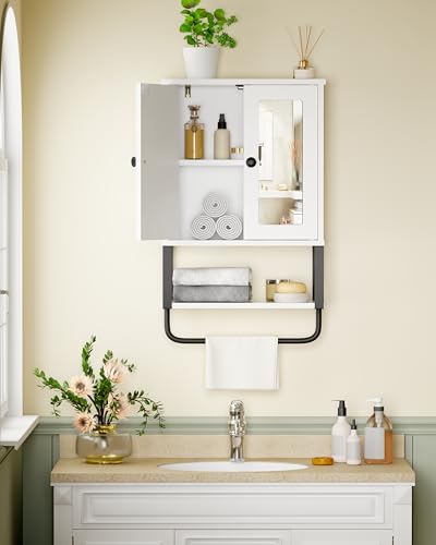 BEWISHOME Bathroom Medicine Cabinet Mirror with Towel Bar | Wall Cabinet with Adjustable Shelf Hooks, Space-Saving Over-Toilet, 7.1 x 15.4 x 24.4 Inches, White - color: White