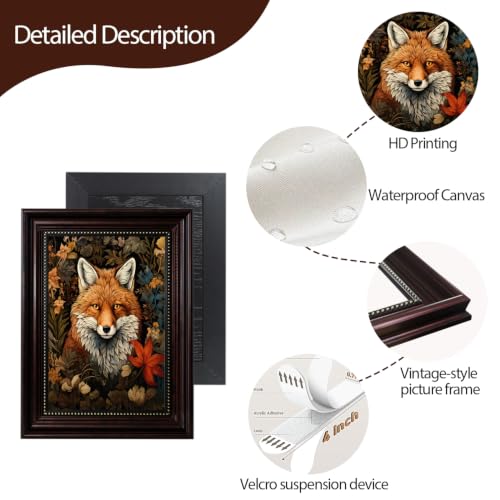 Framed Vintage Fox Canvas Wall Art William Morris Forest Pictures Animal Wall Decor Pictures Dark Academia Botanical Floral Poster Prints for Office Living Room Bedroom Home Decoration 9x11in - color: Fox, size: 11"L x 9"W