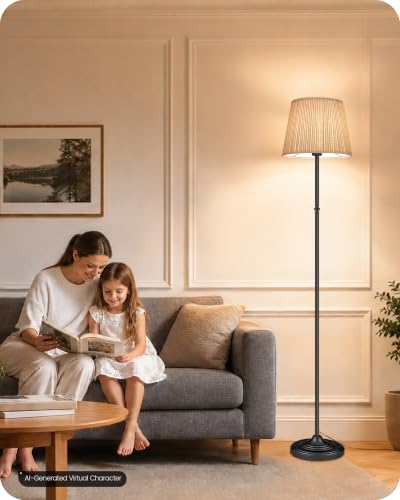 Dimmable Floor Lamp for Living Room, 68" Tall Standing Lamp | Reading Light with Remote & Foot Pedal, 10W LED Bulb (3000K-6500K), FCC Listed, Reinforced Base, Black and Beige E12LD05 - color: Black + Beige