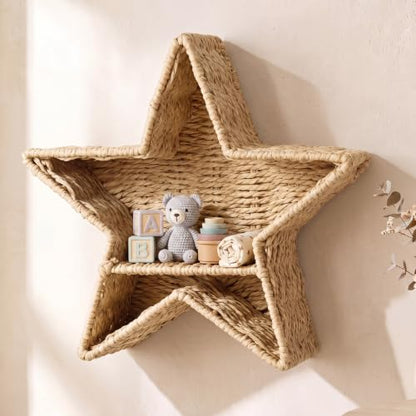 Star Nursery Wall Shelf Decor Boho Rattan Wicker Floating Shelves Handwoven Natural Rattan Hanging Organizer Storage Basket for Small Books Toys Nursery Bathroom Living Room Bedroom Corner - style: Star