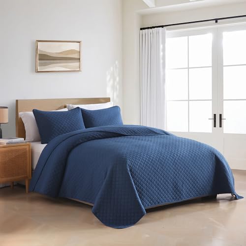 Wistown Cotton Queen Bedspread Quilt Bedding Set, Navy Blue | 3 Pieces Reversible Lightweight Soft Coverlets Comforters, All Seasons, Diamond Stitching Pattern - color: Navy Blue Diamond Pattern, size: Queen (90 by 98inch)